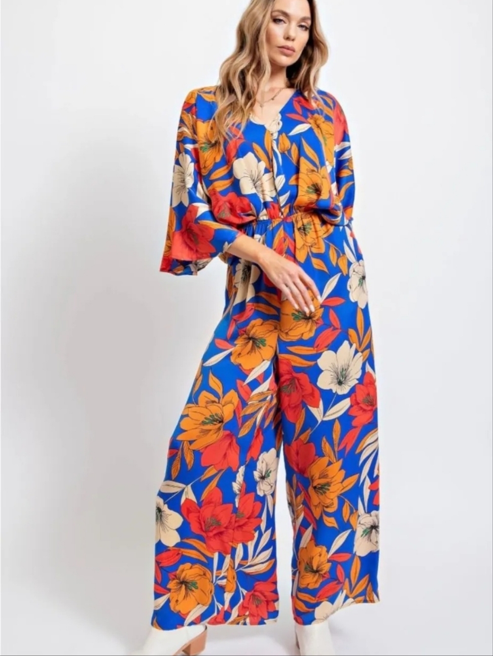 NWT Easel Large Floral Blue Wide-Leg Jumpsuit